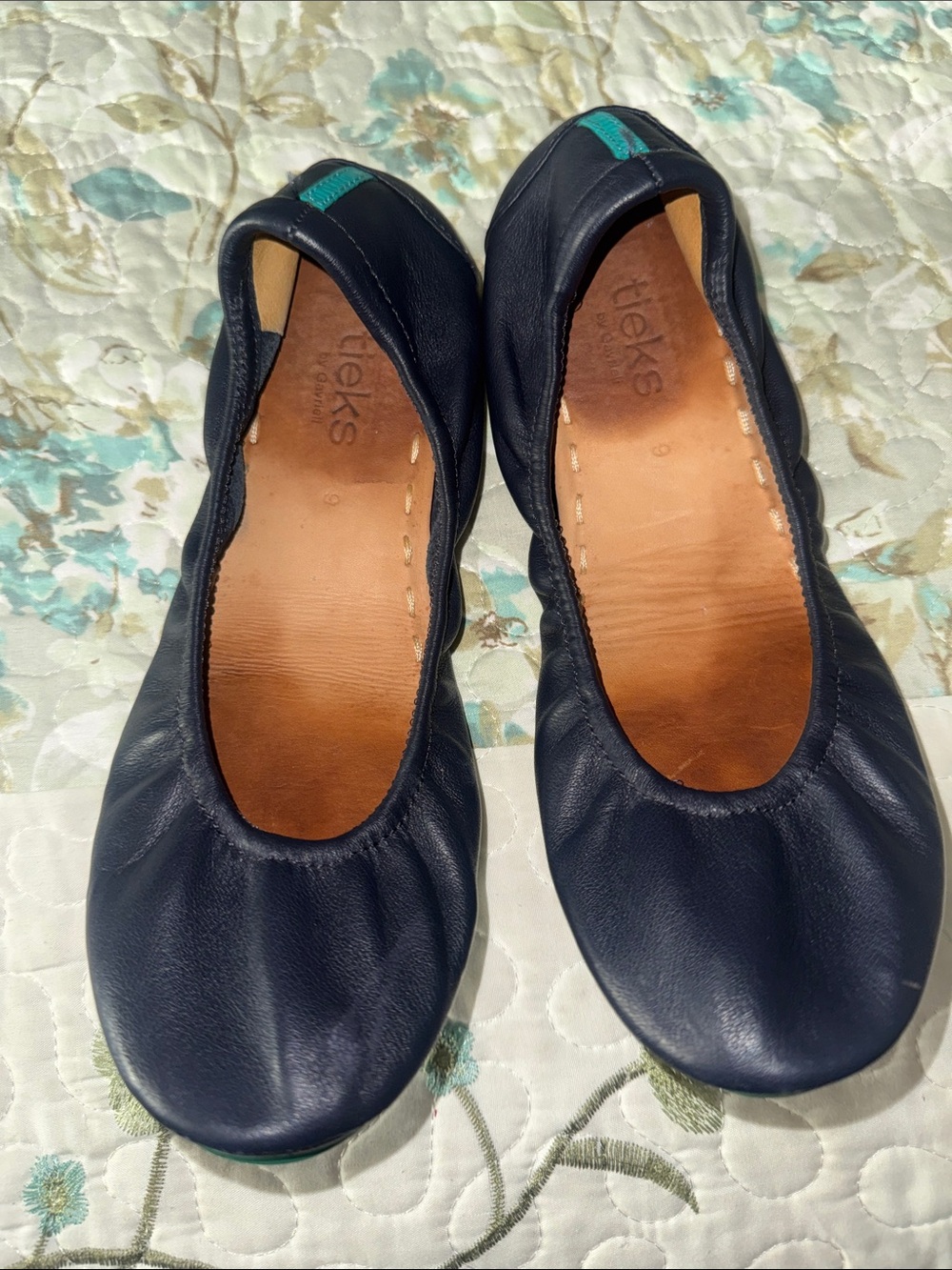 Tieks Navy Leather Ballet Flats with Teal Heel Tab